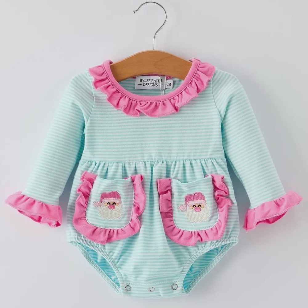 NEW Baby Girls Striped Santa Christmas Ruffle Long Sleeve Romper Bodysuit